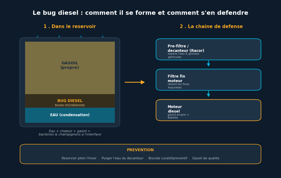 Schéma du bug diesel : formation dans le réservoir et chaîne de filtration de défense