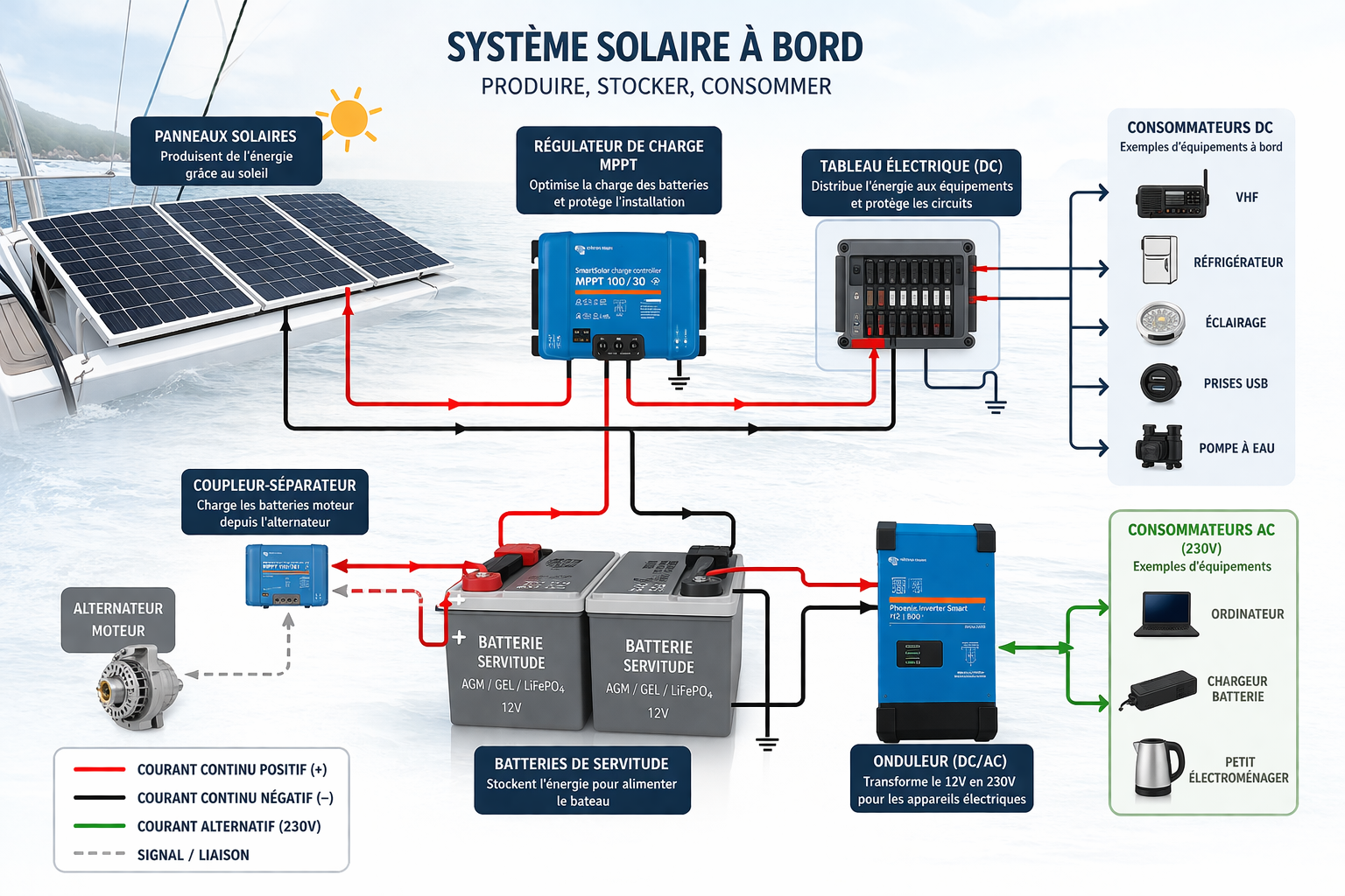 L'électricité à bord : batteries, panneaux solaires et alternateur